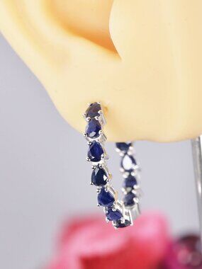 Natural Genuine Blue Sapphire Inside Out Hoop Earrings 925 Sterling Silver